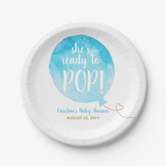 Blue Ready to Pop Balloon Baby Boy Shower Paper Plate (Front)