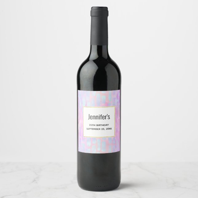 Blue Rectangle Shapes on Pink Background Birthday Wine Label (Front)