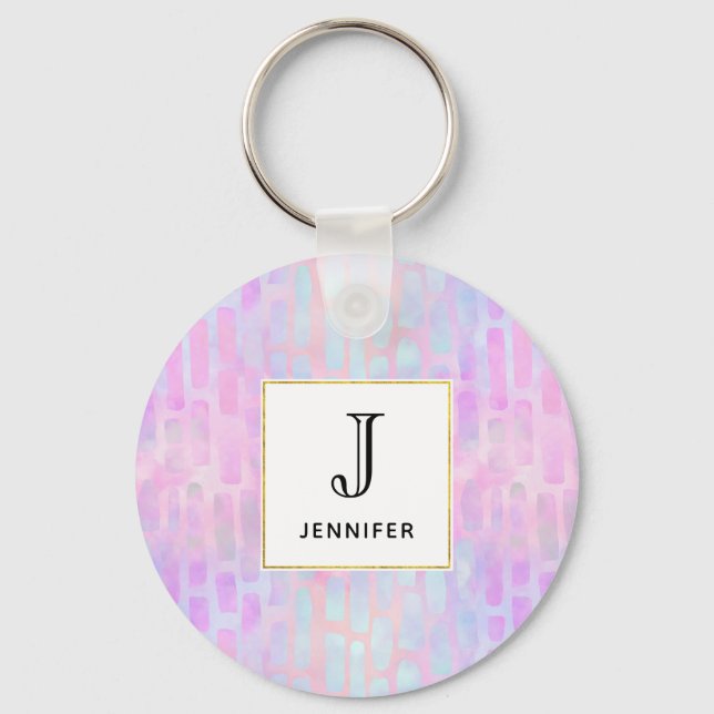 Blue Rectangle Shapes on Pink Background Key Ring (Front)