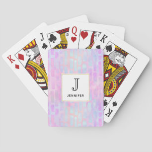 Blue Rectangle Shapes on Pink Background Monogram Playing Cards