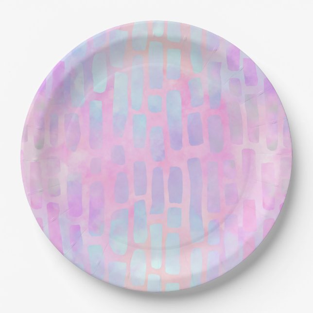 Blue Rectangle Shapes on Pink Background Paper Plate (Front)