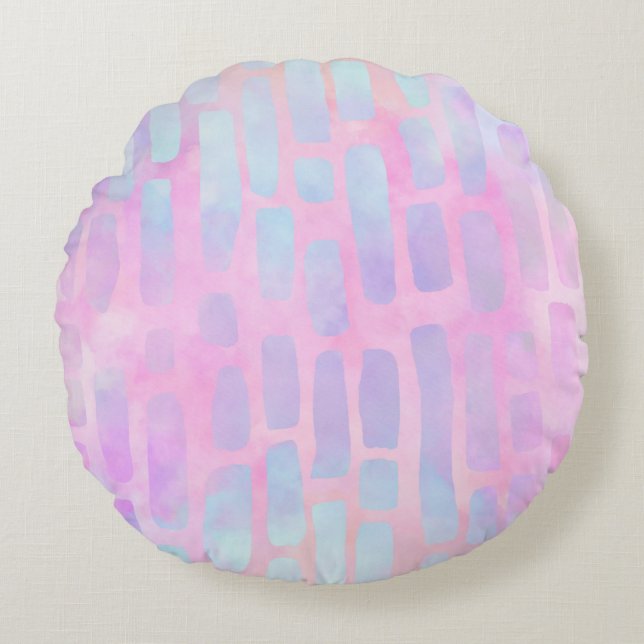 Blue Rectangle Shapes on Pink Background  Round Cushion (Front)