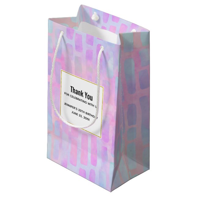 Blue Rectangle Shapes on Pink Background Thank You Small Gift Bag (Front Angled)