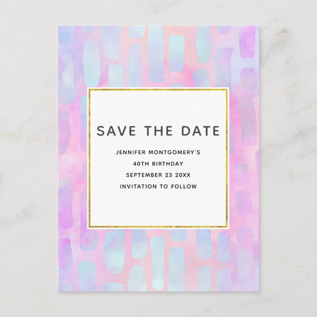 Blue Rectangle Shapes on Pink Save the Date Invitation Postcard (Front)
