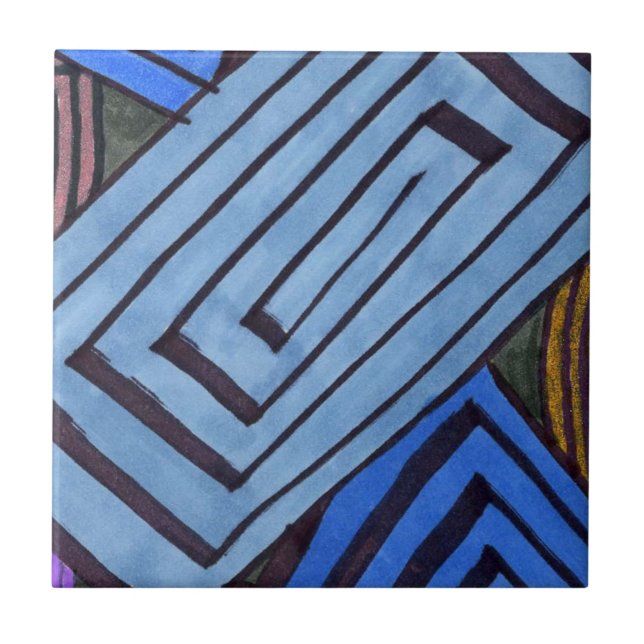 Blue rectangles dominate this cool colour abstract ceramic tile (Front)