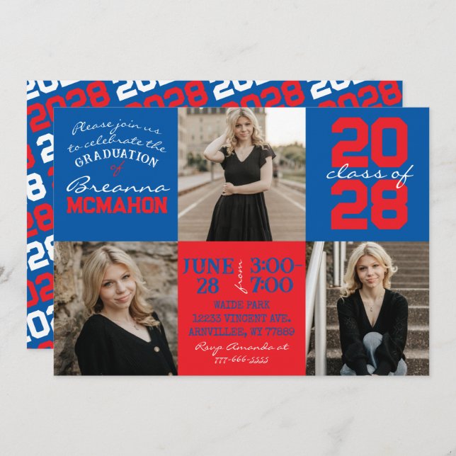 Blue & Red 3 Photo Graduation Invitation (Front/Back)