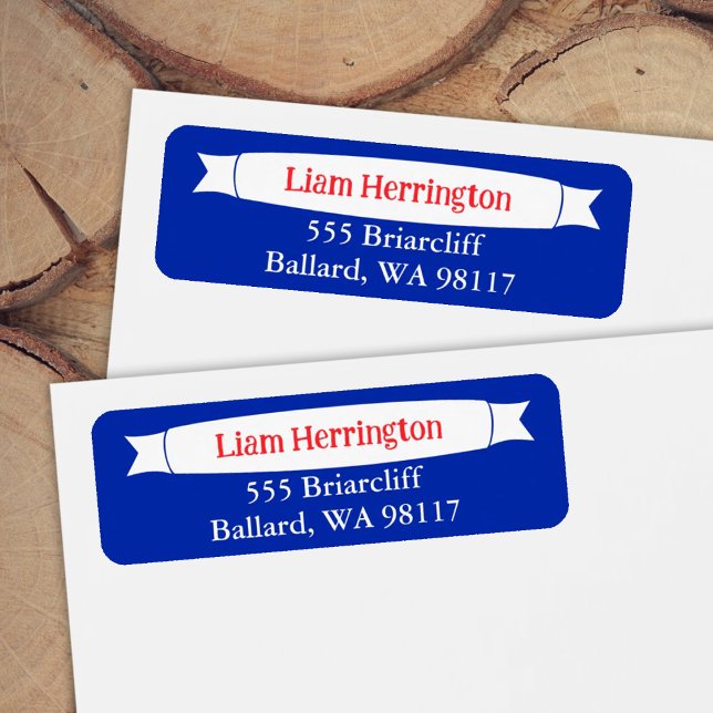 Blue & Red Address Label with Banner Return Address Label (red white and blue address labels )