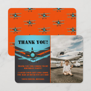 Blue, Red, Aeroplane Aviation Birthday Photo Thank You Card