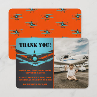 Blue, Red, Aeroplane Aviation Birthday Photo Thank You Card