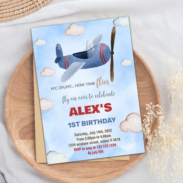 Blue Red Aeroplane Birthday Invitations (Blue Red Airplane Birthday Invitations)