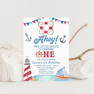Blue Red Ahoy Our Little Sailor 1st Birthday  Invitation