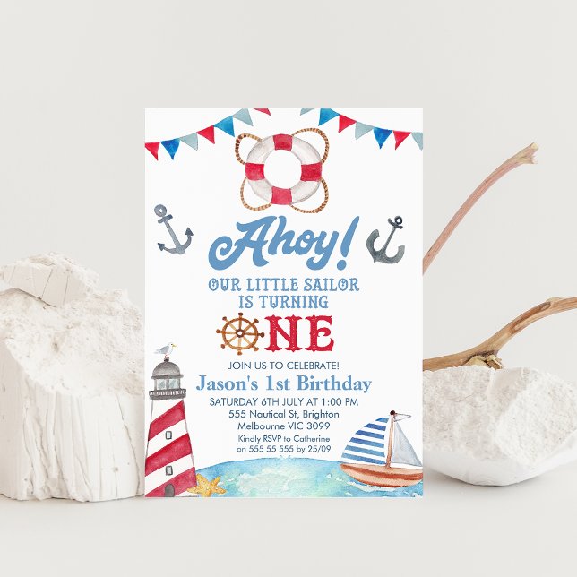 Blue Red Ahoy Our Little Sailor 1st Birthday  Invitation (Boys Nautical First Birthday Invitation, Sailboat, Ahoy Our Little Sailor Invite, Lighthouse)