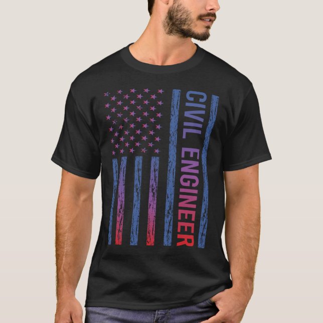 Blue Red American Flag Civil Engineer T-Shirt (Front)