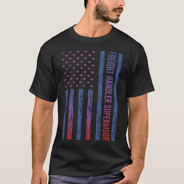Blue Red American Flag Freight Handler Supervisor T-Shirt (Front)
