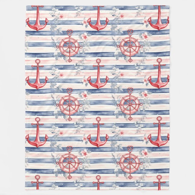 Blue Red Anchors Floral Stripes Beach  Fleece Blanket (Front)