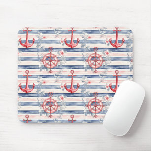 Blue Red Anchors Floral Stripes Beach Mouse Pad