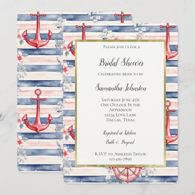 Blue Red Anchors Floral Stripes Bridal Shower Invitation (Front/Back)