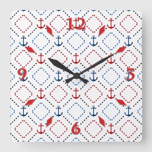 Blue, Red anchors, Marine Square Wall Clock (Front)