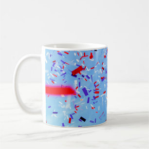 Blue, red, and black paper cutouts coffee mug