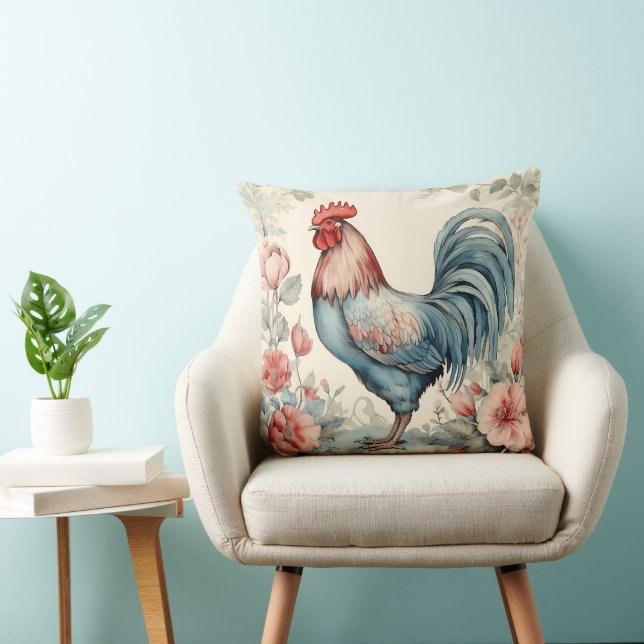 Blue Red and Cream AI Charming Rooster Cushion (Chair)