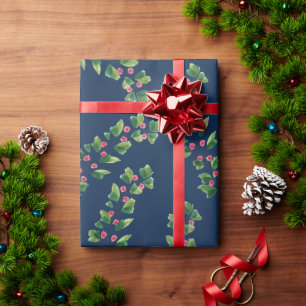 Blue Red and Green Berry Branches Wrapping Paper