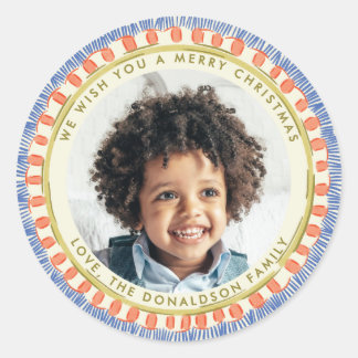 Blue Red and Green Watercolor Happy Fringe Photo Classic Round Sticker