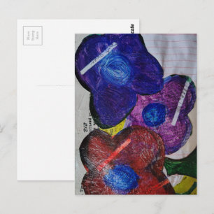 Blue Red and Purple Flowers Mixed Media Collage Postcard