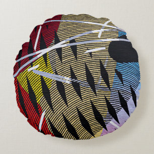 Blue red and white abstract painting round cushion