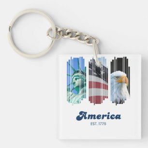 Blue Red and White Fragmented America Art Key Ring
