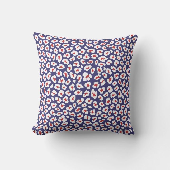Blue, Red and White Leopard Print Cushion (Front)