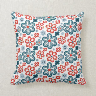 Blue, Red and White Whimsical Flower Motifs Cushion