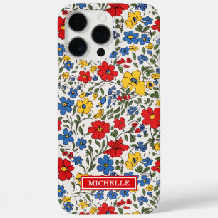 Blue Red and Yellow Ditsy Flowers Monogrammed iPhone 16 Pro Max Case