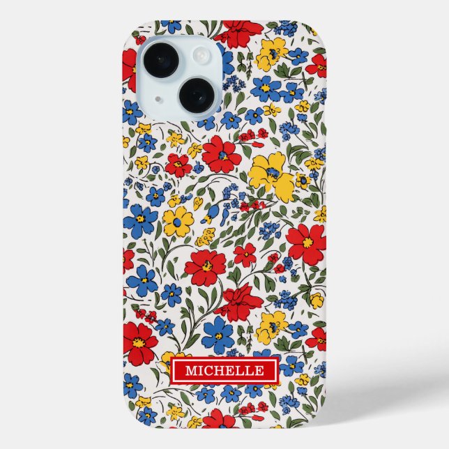 Blue Red and Yellow Ditsy Flowers Monogrammed Case-Mate iPhone Case (Back)