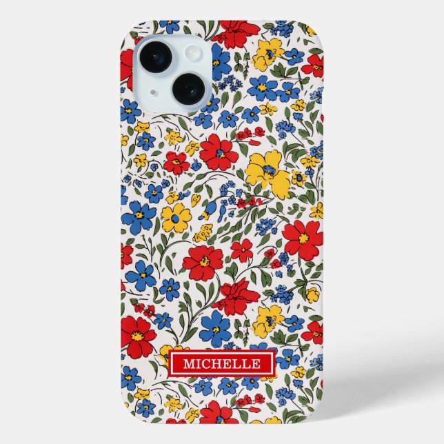 Blue Red and Yellow Ditsy Flowers Monogrammed Case-Mate iPhone Case (Back)