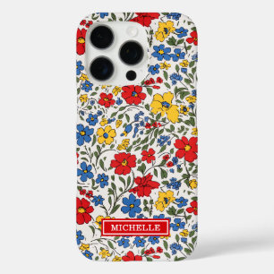 Blue Red and Yellow Ditsy Flowers Monogrammed iPhone 16 Pro Case