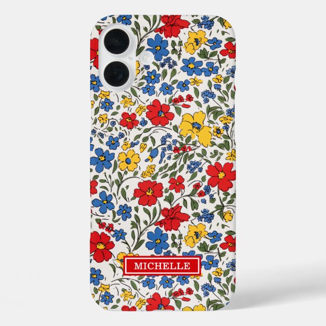 Blue Red and Yellow Ditsy Flowers Monogrammed Case-Mate iPhone Case (Back)