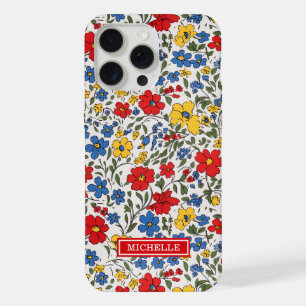 Blue Red and Yellow Ditsy Flowers Monogrammed iPhone 15 Pro Max Case