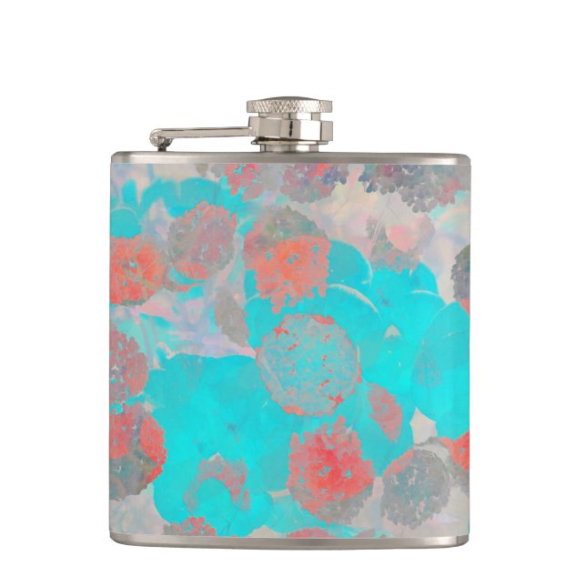 Blue red art of romantic floral / flower pattern hip flask (Front)