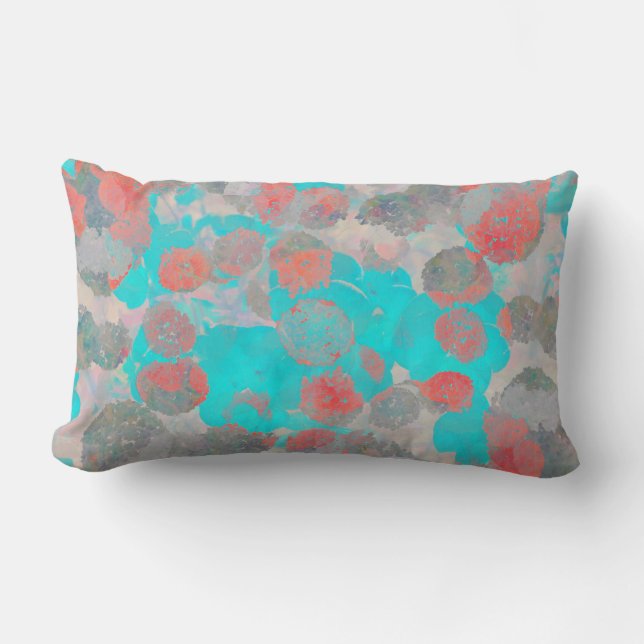 Blue red art of romantic floral / flower pattern lumbar cushion (Front)