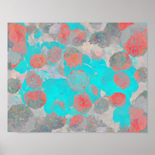 Blue red art of romantic floral / flower pattern poster