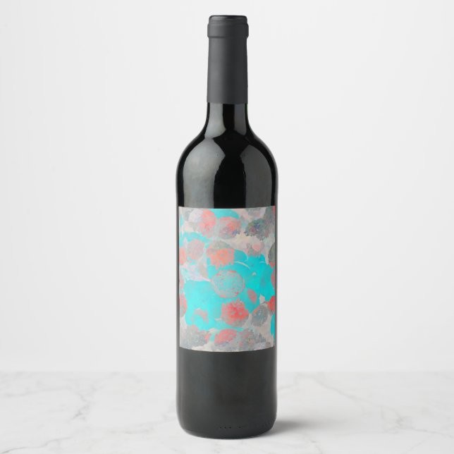 Blue red art of romantic floral / flower pattern wine label (Front)