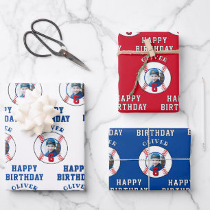 Blue Red Baseball Ball Kids Birthday Photo Wrapping Paper Sheet
