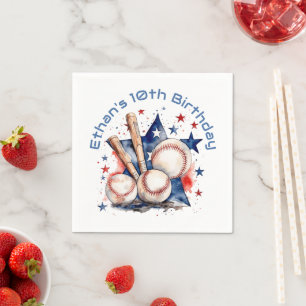 Blue Red Baseball Bat Ball Name BIrthday Party Napkin