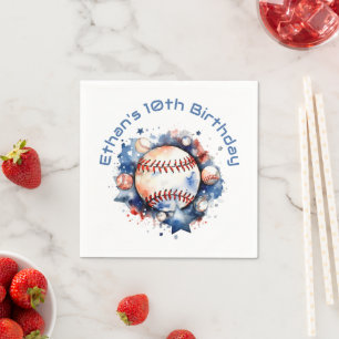 Blue Red Baseball Name BIrthday Party Napkin