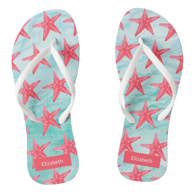 Blue Red Beach Aqua Fish Pattern Thongs (Footbed)