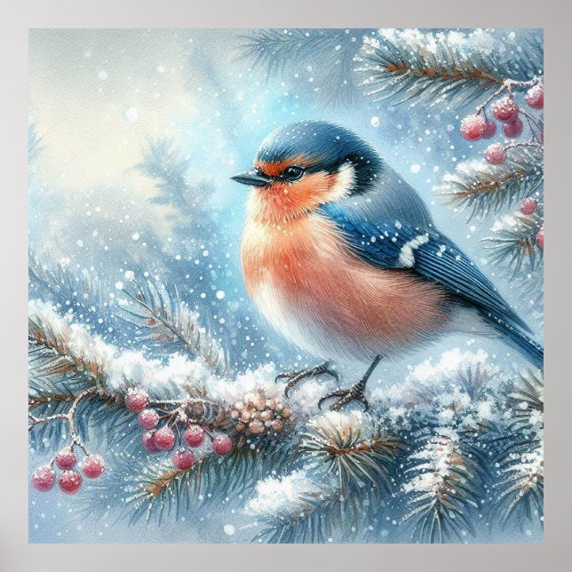 Blue Red Bird and Winter Landscape 8 Poster (Front)