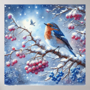 Blue Red Bird and Winter Landscape 9 Poster