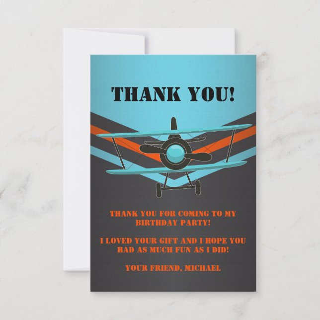 Blue, Red, Black Aeroplane Aviation Birthday Thank You Card (Front)