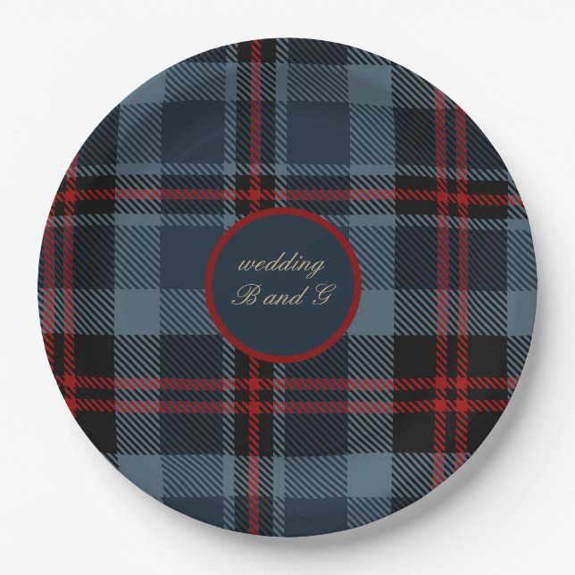 blue red black scottish celtic tartan pattern paper plate (Front)