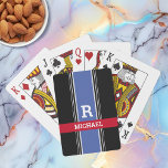 Blue Red & Black Stripes, Bold Monogram & Name Playing Cards<br><div class="desc">Personalise white monogram and light grey name in bold text on medium blue,  red and black stripes.</div>